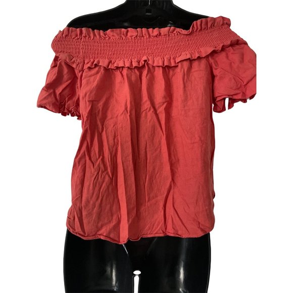 Tommy Hilfiger Off Shoulder Crop Extra Small  Burnt Orange Solid Linen Blouse - Picture 3 of 4